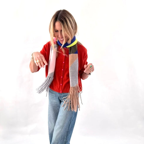 Bassett rust cashmere cardigan, features a round neck, covered contrast buttons, and embroidered 'Loved' artwork - Cute women's cardigans by Kerri Rosenthal