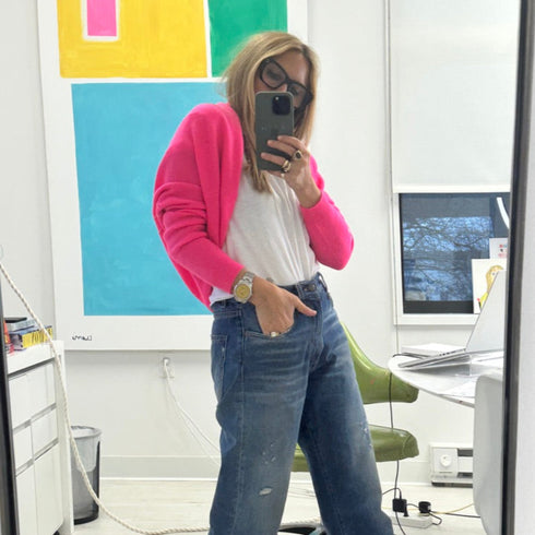 Camille V Neck 100% Cashmere Sweater hot pink - designer fashion sweaters - Kerri Rosenthal Spring 2024