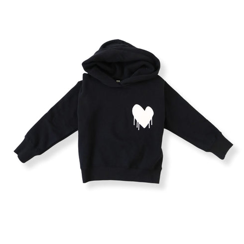 Kids Drippy Heart Black Hoody Heart is flocked at wearer's left chest 100% cotton fleece - Cute designer kids hoodies by Kerri Rosenthal