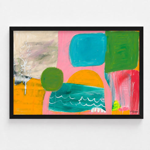 Kerri Rosenthal abstract art print in black frame with teal, green, and coral color block