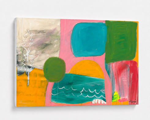 Kerri Rosenthal abstract canvas art print in coral, teal, green, and mustard yellow