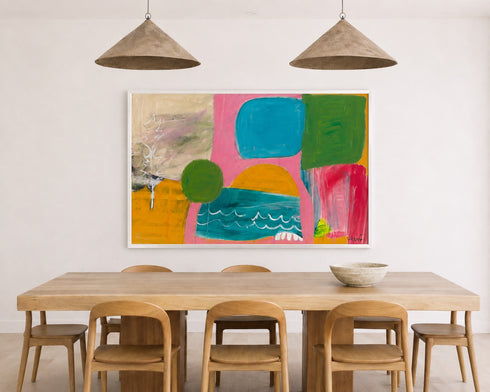 Kerri Rosenthal abstract art print in black frame with teal, green, and coral color blocks