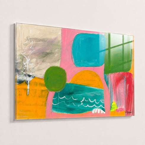 Kerri Rosenthal abstract framed in plexi art print in coral, teal, green, and mustard yellow