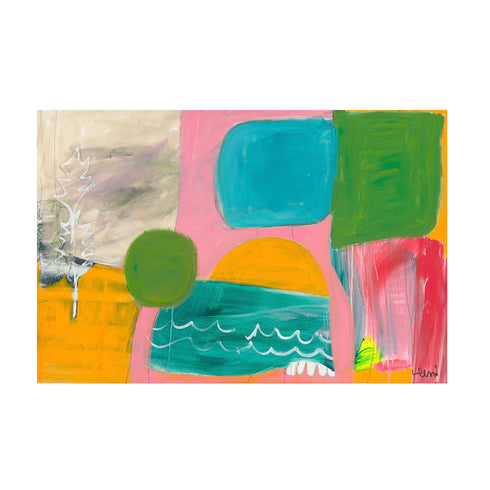 Kerri Rosenthal abstract framed art print in coral, teal, green, and mustard yellow