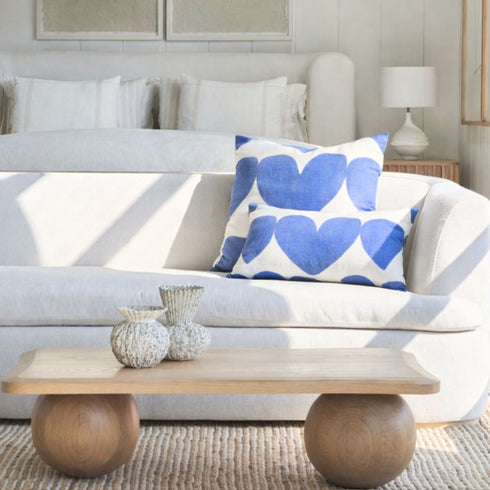 Alotta Love delft white ground with blue heart cute square and rectangular lumbar decorative throw pillows by Kerri Rosenthal