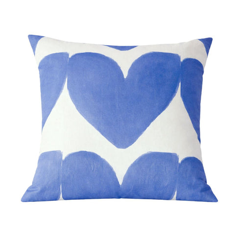 Alotta Love delft white ground with blue heart cute square decorative throw pillow by Kerri Rosenthal