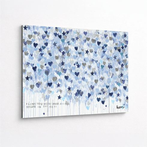 Starry Starry Love by Kerri Rosenthal — hand-painted hearts and stars in blue, navy, and grey on aluminum. Outdoor art