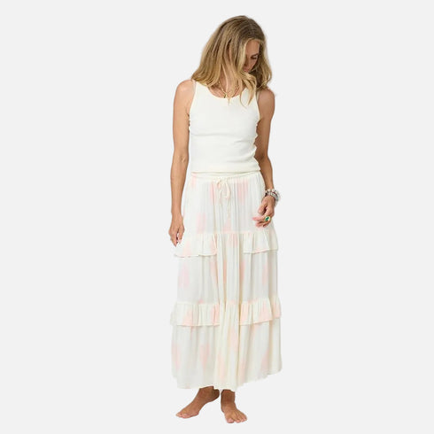 Athena long cream skirt in satin -Shop women’s cute maxi ruffled skirts by Kerri Rosenthal.