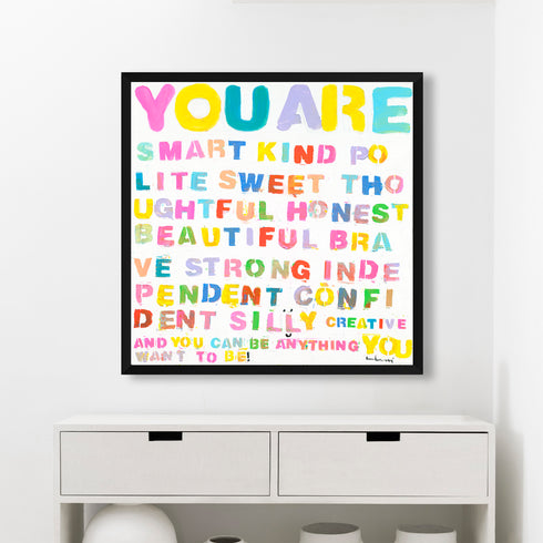 Black framed positive word wall art in vibrant colors for loved one by Kerri Rosenthal