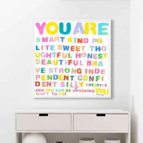 White framed word wall art - positive words in vibrant colors the perfect give for your loved one original art by Kerri Rosenthal