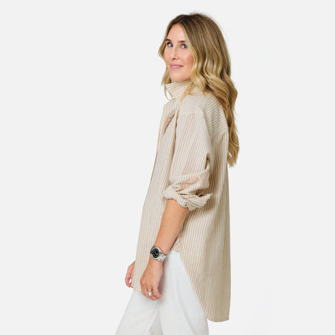 Button front beige stripe shirt with long sleeve - Shop women's cute shirts by Kerri Rosenthal.