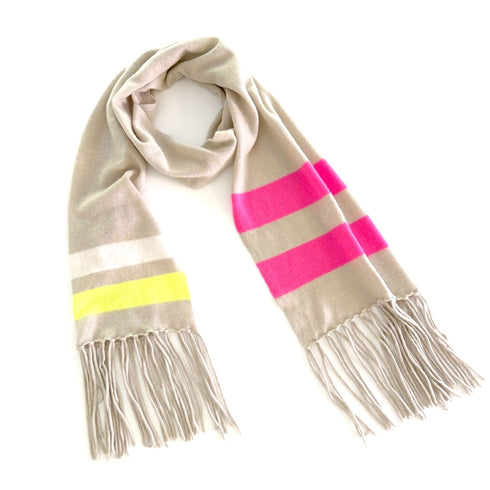 The beige multi-stripe 100% cashmere scarf with softly fringed edges - Shop cute women’s scarves by Kerri Rosenthal