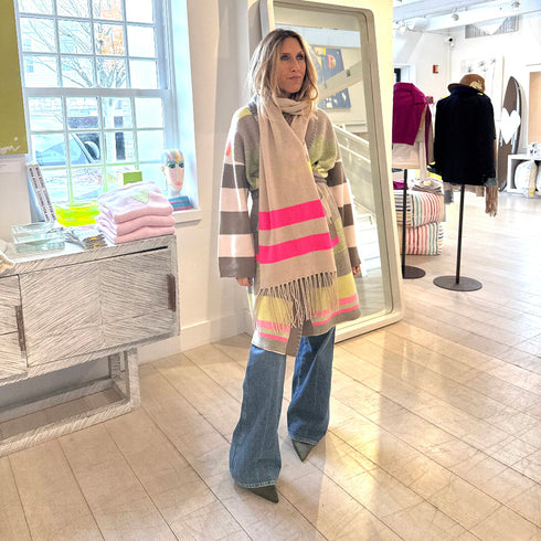 The beige multi-stripe 100% cashmere scarf with softly fringed edges - Shop cute women’s scarves by Kerri Rosenthal