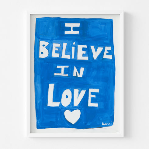 "I believe in love" white word wall art with blue background white framed original artwork by Kerri Rosenthal,
