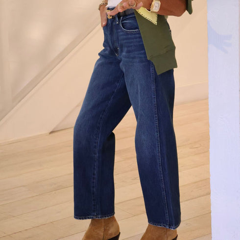 The Billie Jean is a mid-rise, cropped, wide, straight-leg jeans with an easy fit. A relaxed look, with distressing, dark 100% cotton rigid denim. Made in USA.