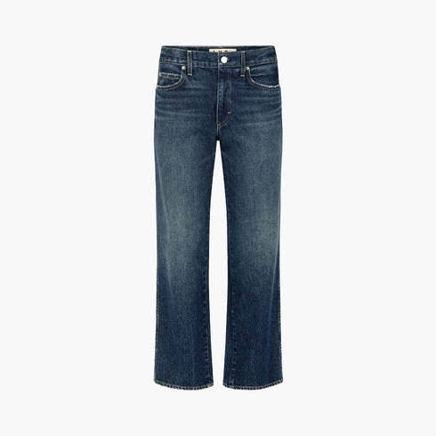 The Billie Jean is a mid-rise, cropped, wide, straight-leg jeans with an easy fit. A relaxed look, with distressing, dark 100% cotton rigid denim. Made in USA.