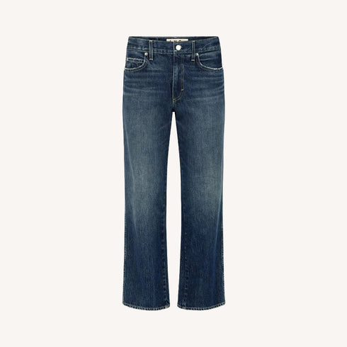 The Billie Jean is a mid-rise, cropped, wide, straight-leg jeans with an easy fit. A relaxed look, with distressing, dark 100% cotton rigid denim. Made in USA.