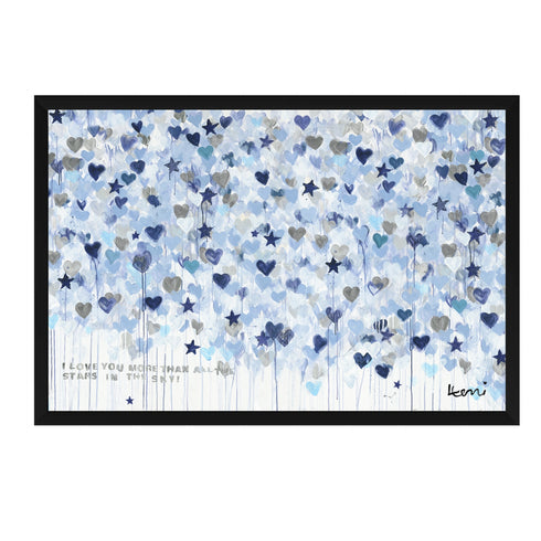 Starry Starry Love by Kerri Rosenthal — hand-painted hearts and stars in blue, navy, and grey in black frame.