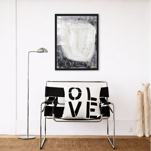 La white and black wall hung pink tulip art - Shop abstract artwork decor for the living room by Kerri Rosenthal.