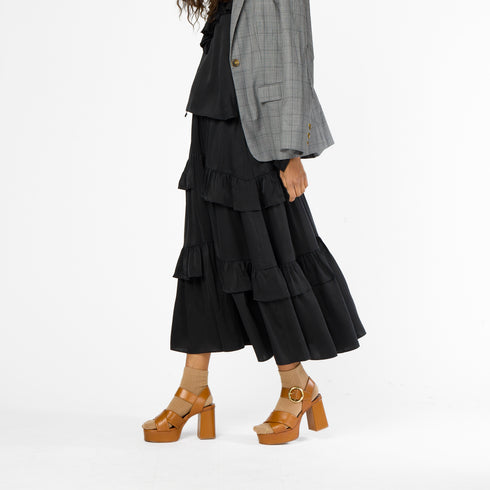 Athena black silk maxi skirt with three ruffle tiers and slit - Cute designer long skirts by Kerri Rosenthal