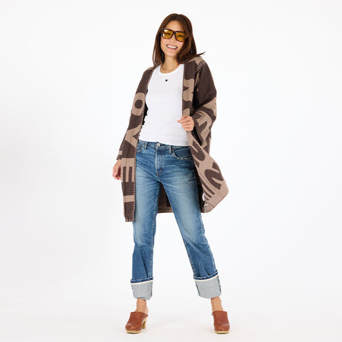 Blankie cocoa brown reversible cardi in a cotton-cashmere blend with 'Love Lesson' artwork - Shop cute women's cardigans by Kerri Rosenthal