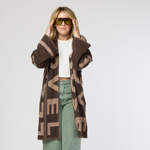 Blankie cocoa brown reversible cardi in a cotton-cashmere blend with 'Love Lesson' artwork - Shop cute women's cardigans by Kerri Rosenthal