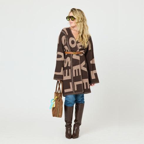 Blankie cocoa brown reversible cardi in a cotton-cashmere blend with 'Love Lesson' artwork - Shop cute women's cardigans by Kerri Rosenthal