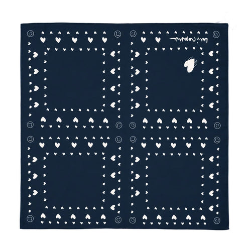 Blue bandana scarf with white heart and dot print.