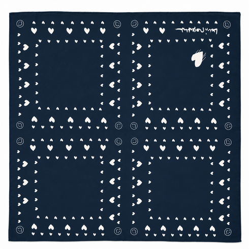 Blue bandana scarf with white heart and dot print.