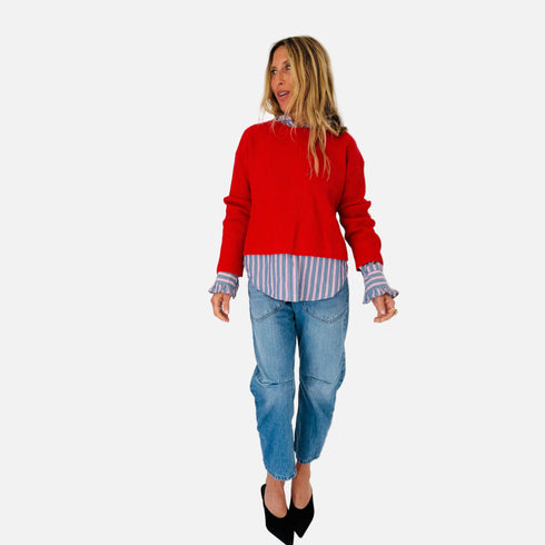 Brooklyn red sweater in 100% cotton with heart contrast patches - Shop women’s cute cotton sweaters by Kerri Rosenthal