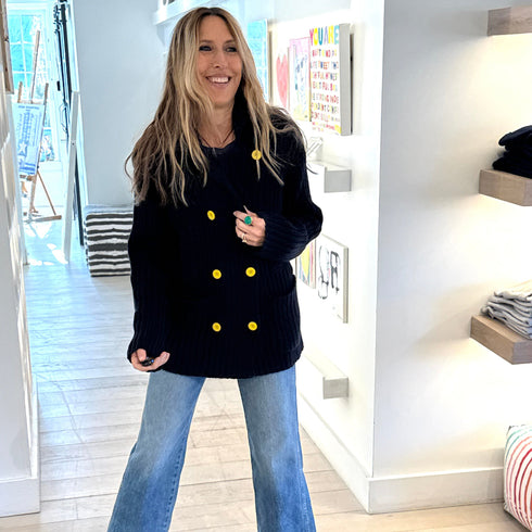 Brooklyn girl double-breasted indigo blue cotton sweater jacket with heart patch elbows by Kerri Rosenthal