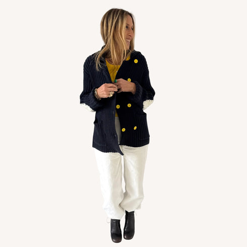 Brooklyn girl double-breasted indigo blue sweater jacket in 100% cotton with heart patch elbows - Shop women's jackets by Kerri Rosenthal