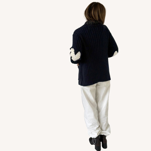 Brooklyn girl double-breasted indigo blue cotton sweater jacket with heart patch elbows by Kerri Rosenthal