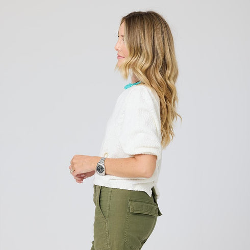 Cream cardigan with short puff sleeves - Shop women’s cute sweaters by Kerri Rosenthal.