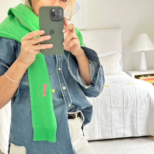 cashmere green sweater and denim long sleeve button shirt by Kerri Rosenthal