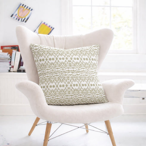 Green and white palm ikat print square throw pillow 100% linen by Kerri Rosenthal in modern home decor - cute decorative throw pillows for living room