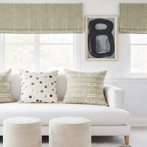 Green and white palm ikat print throw pillows for couch in 100% linen by Kerri Rosenthal in modern living room