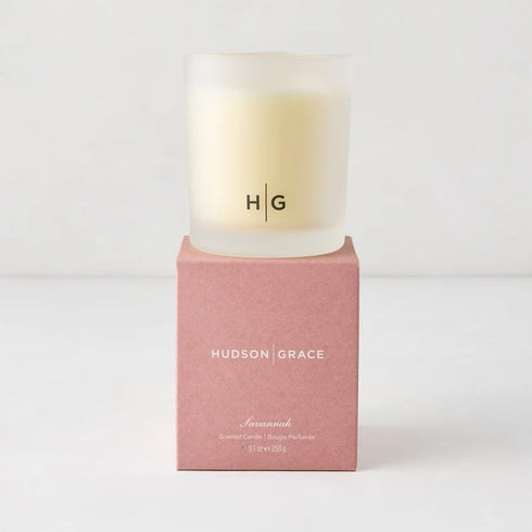 Hudson Grace Savannah Scented 3-Wick Candle in a large 24oz heavyweight glass vessel with gift box, featuring magnolia and citrus fragrance notes, hand-poured in the USA. Available at Kerri Rosenthal.
