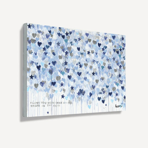 Starry Starry Love by Kerri Rosenthal — hand-painted hearts and stars in blue, navy, and grey on canvas.