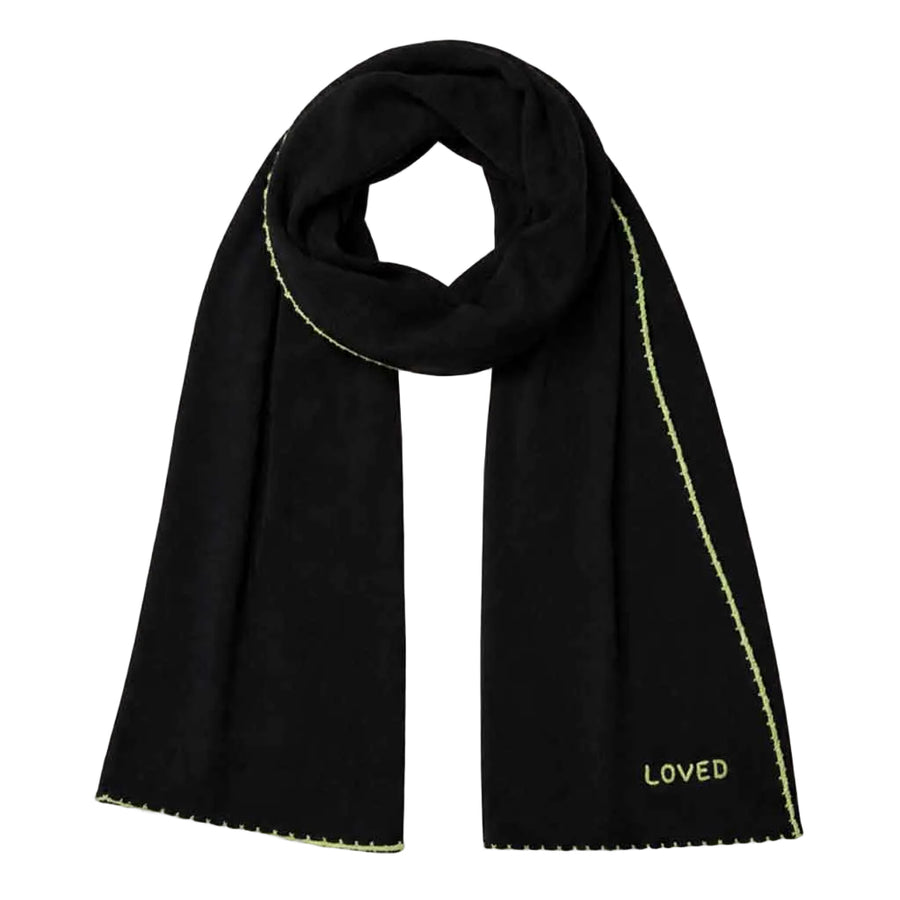 Cashmere Wrap in black with contrast whipstitching along the edge and "loved" on the bottom hem