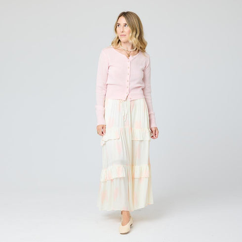 Pink cashmere cardigan sweater with skirt- Shop the best cashmere cardigans by Kerri Rosenthal.