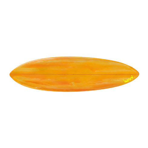 Clementine — hand-painted orange surfboard by Kerri Rosenthal, horizontal canvas in clementine orange, signed by Kerri