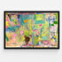 Colorful abstract mixed-media painting in black wood frame, vibrant pastel artwork with layered hearts, flowers, and gestural details