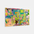 Close angled view of abstract mixed-media painting showing textured brushwork, layered hearts, and colorful pastel pattern details