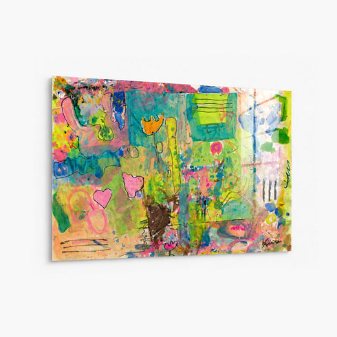 Alternate angled perspective of colorful abstract painting, highlighting dimensional canvas edge with pastel green and pink layered design