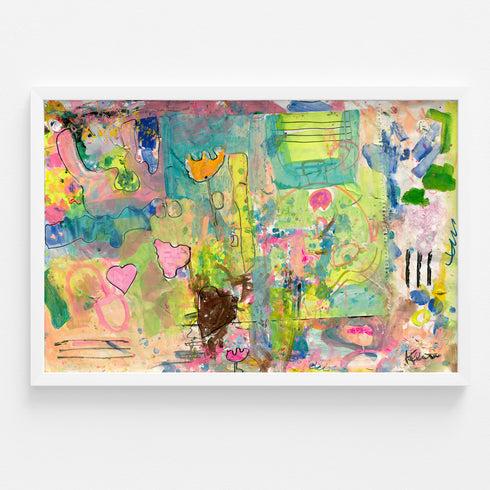 Colorful abstract mixed-media painting in white wood frame, pastel green and pink layered artwork with hand-drawn hearts and floral accents