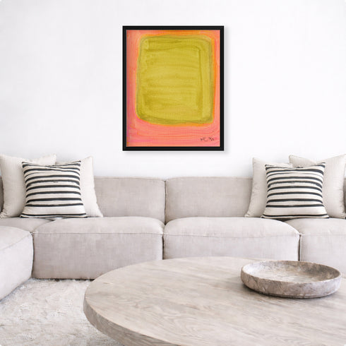 Color Note 1 multicolor wall art print with throw pillows on couch - Shop unique wall artwork decor for the living room by Kerri Rosenthal