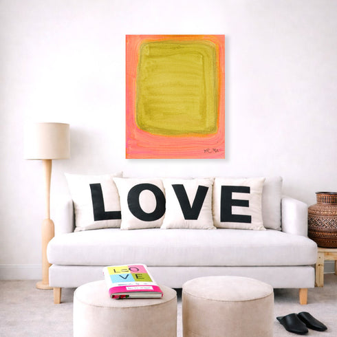 Color Note 1 multicolor wall art print with Love square throw pillows on couch for the living room by Kerri Rosenthal