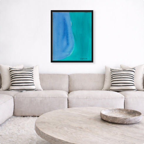 Color Note 2 multicolor blue wall art print with throw pillows on couch - Shop unique wall artwork decor for the living room by Kerri Rosenthal