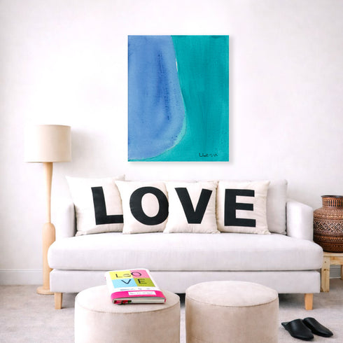 Color Note 2 multicolor blue wall art print with Love square throw pillows on couch for the living room by Kerri Rosenthal